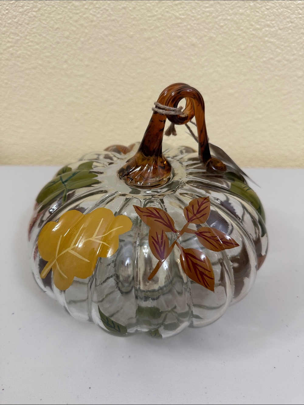 Ashland Clear Glass Pumpkin with Amber Stem and Autumn Leaves